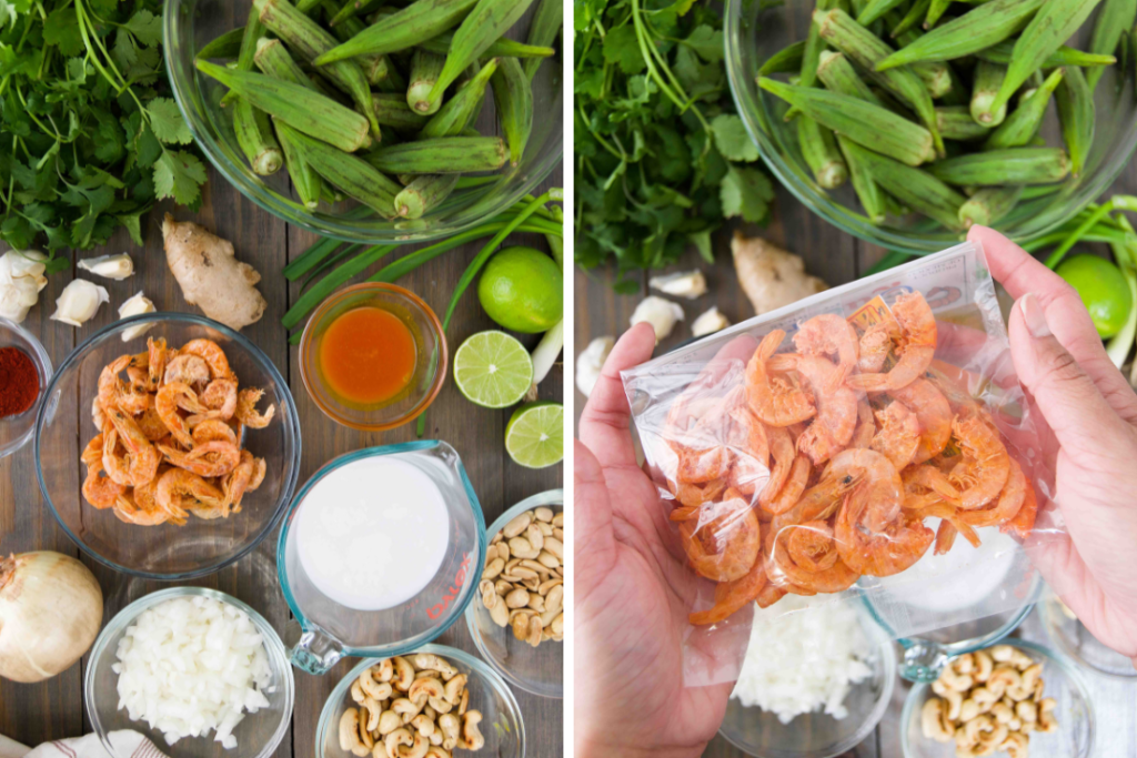 Collage of two images showing the ingredients for Caruru and a woman holding a bag of dried shrimp above the ingredients in bowls