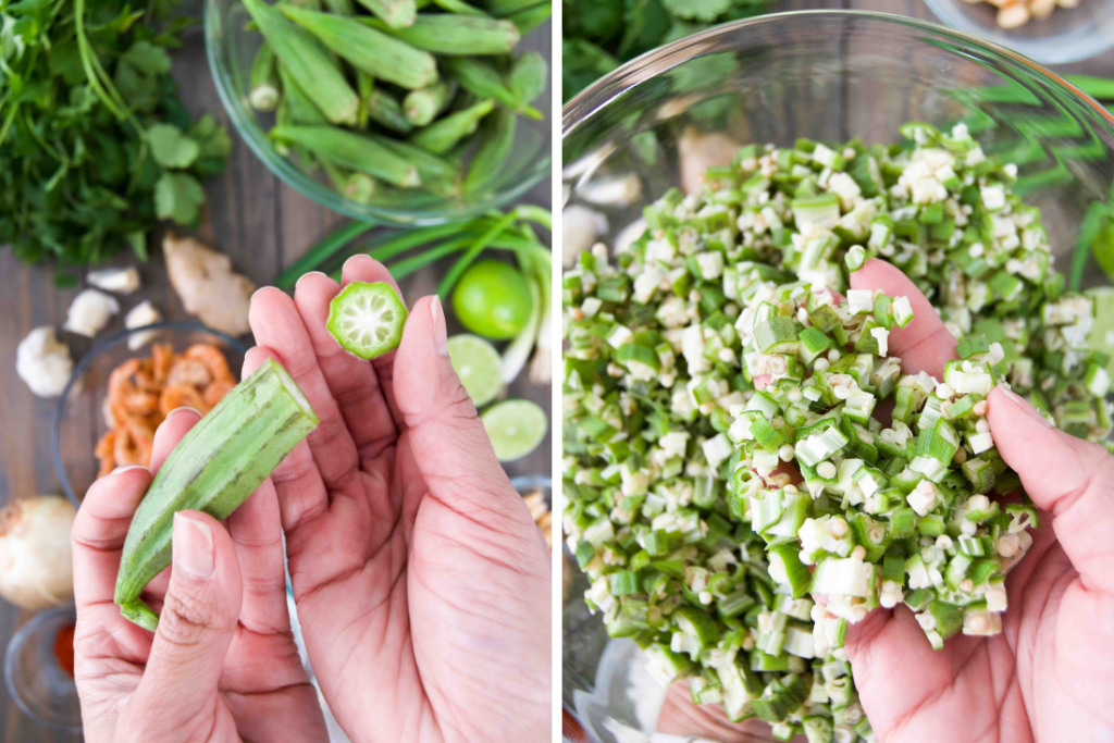 A collage of two images showing a sliced pod of okra and finely chopped okra in a bowl