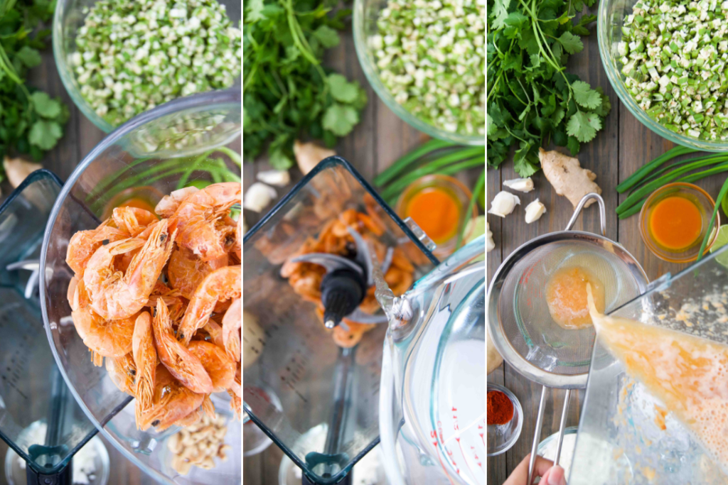 A collage of three images showing how to make the base of the stew with dried shrimp in a blender