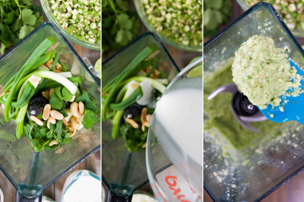 A collage showing how to blend the fresh ingredients for the caruru to form a paste