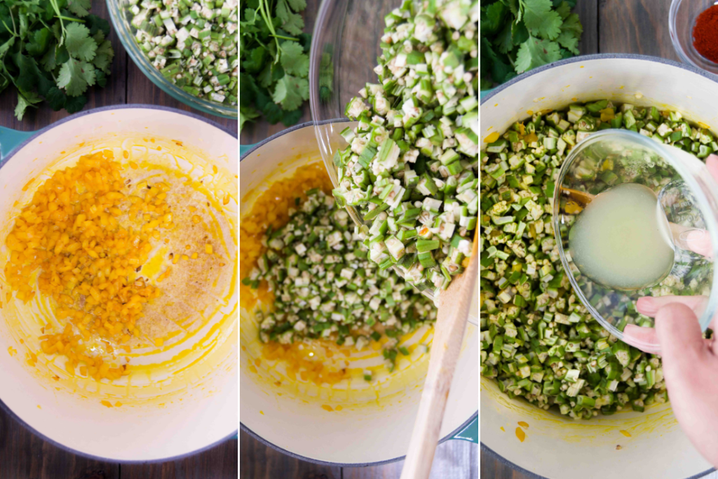A collage showing how to cook onion, as well as chopped okra to form the base of the caruru