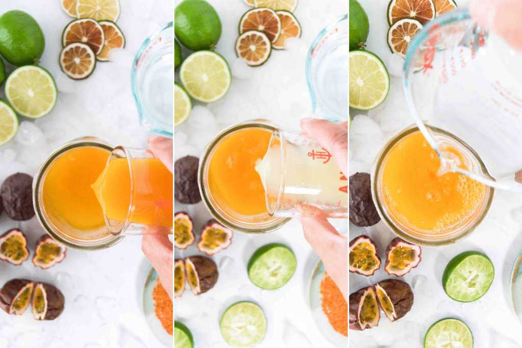 Collage of three images showing how to mix the ingredients for a passion fruit margarita from above