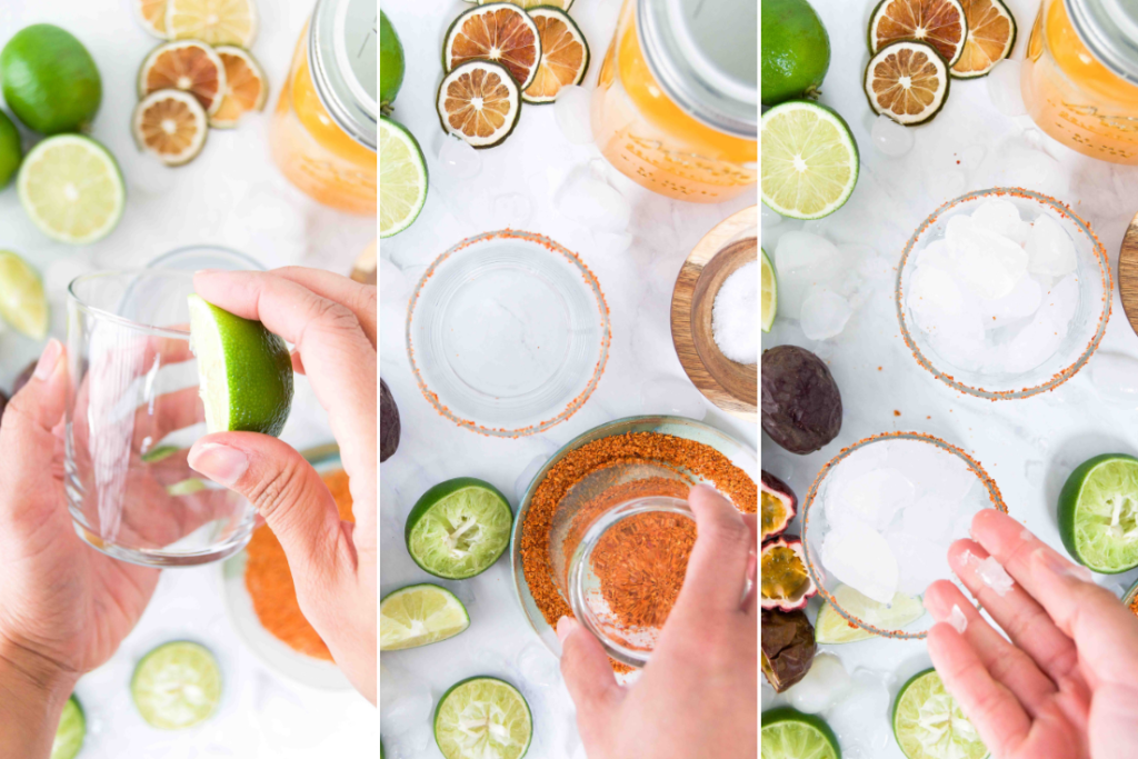 Collage showing how to rim a glass with tajin