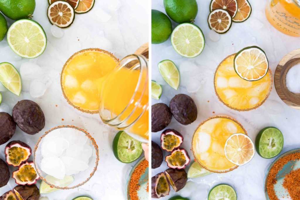 Collage of two images showing a passion fruit margarita being poured into a glass and two glasses surrounded by ice, limes and passion fruits