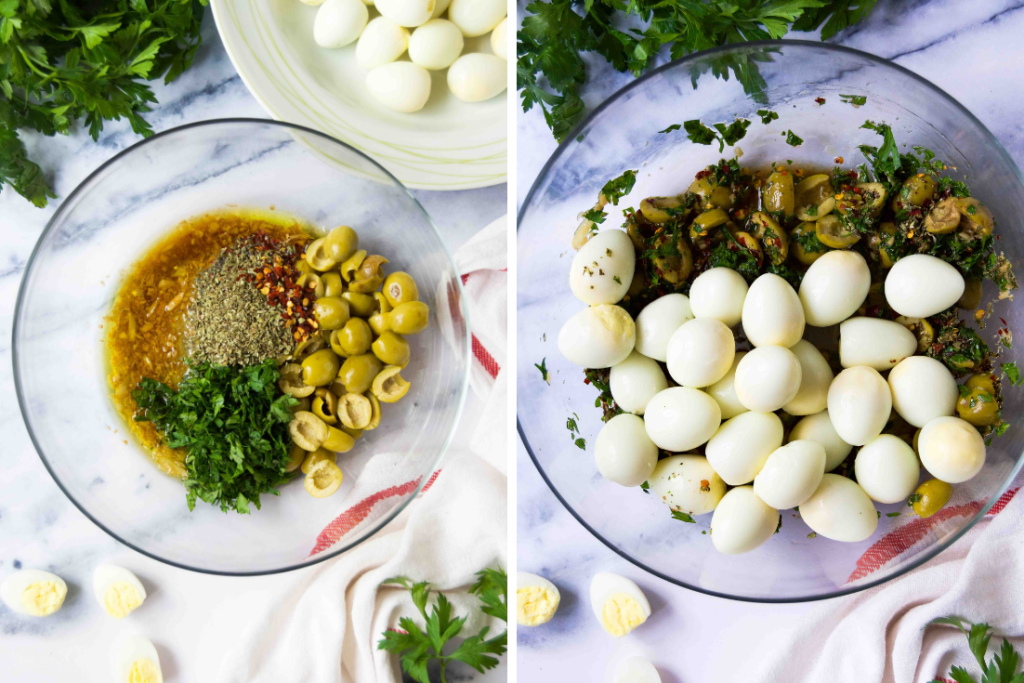 Collage showing marinade ingredients in a bowl and the boiled eggs on top of them before mixing