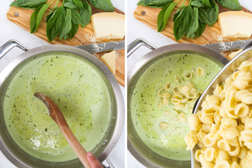 Collage of two images showing creamy pesto sauce in a pot and orecchiette pasta being poured into that pot before stirring
