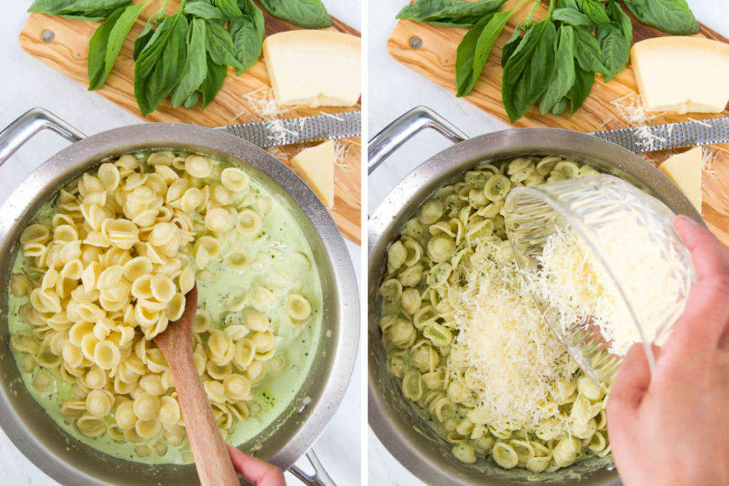 Collage of two images showing orecchiette pasta in a pot of creamy pesto sauce and then shredded parmesan being added on top of the pasta and sauce