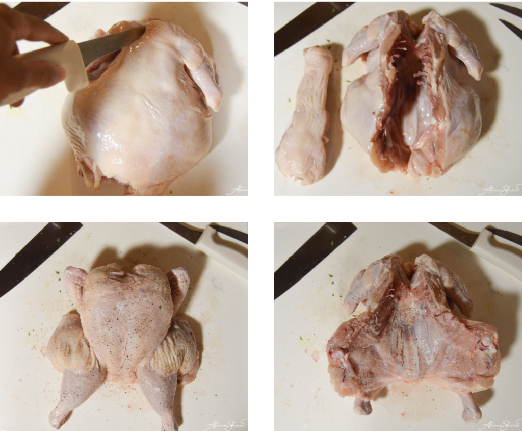 Collage of four images showing how to spatchcock a chicken