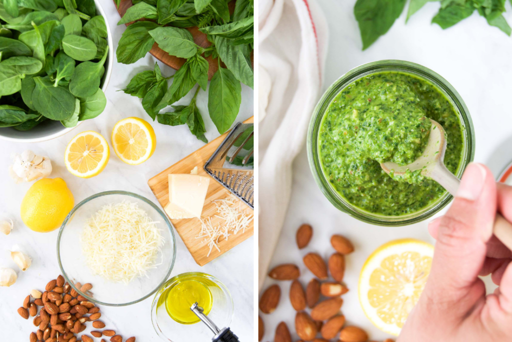 Collage of two images showing ingredients to make spinach almond pesto in bowls on a white surface and the final pesto in a jar with a spoon inside it, surrounded by ingredients