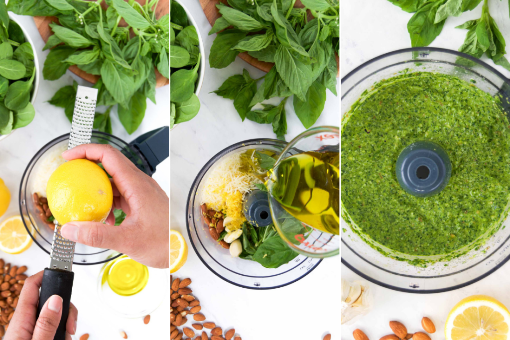 Collage of three images showing how to measure ingredients into the food processor to make pesto, then how to blend it up