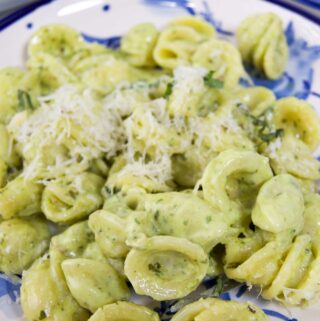 Close up of pesto alfredo sauce on top of orecchiette pasta with additional shredded parmesaon on top
