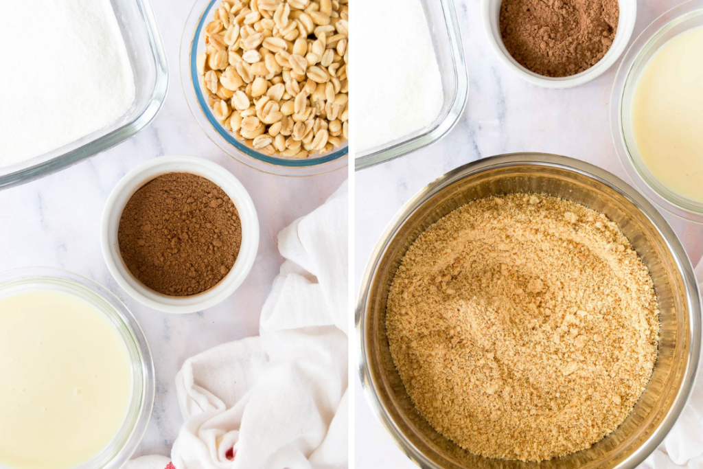 collage of two images showing ingredients to make brazilian peanut candy in bowls and then peanut flour in a large bowl before mixing with other ingredients