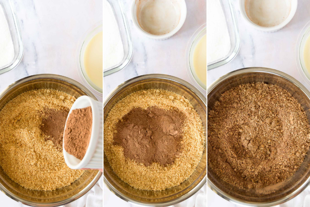 collage of three images showing a bowl of peanut flour being mixed with cocoa powder to form the base for Cajuzinhos