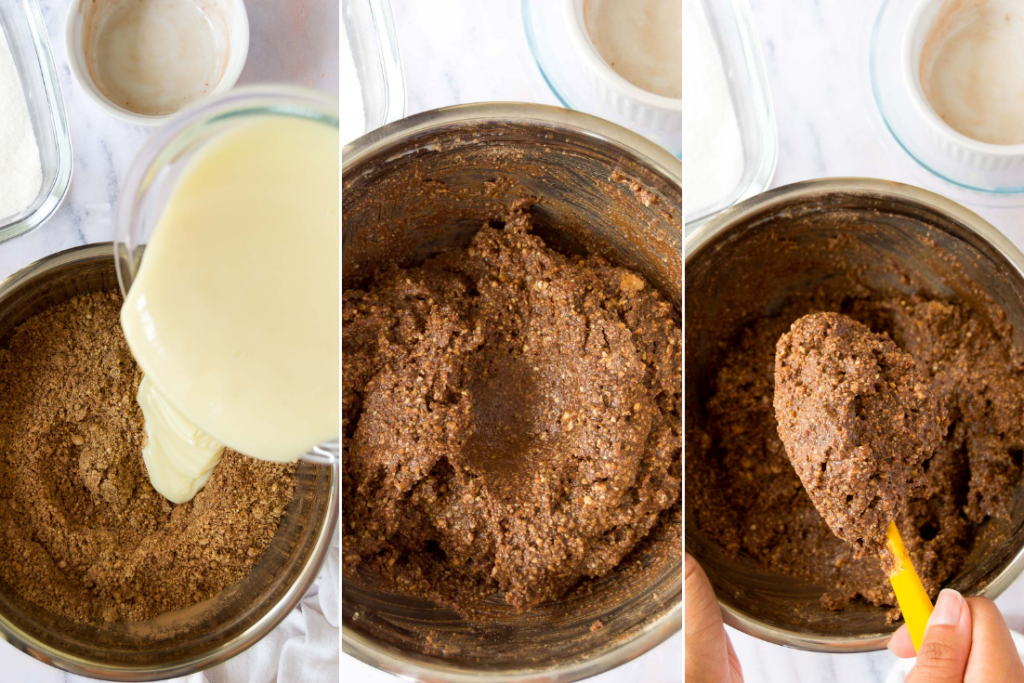 collage of three images showing sweetened condensed milk being poured on top of other ingredients and them mixing to form the Cajuzinho batter