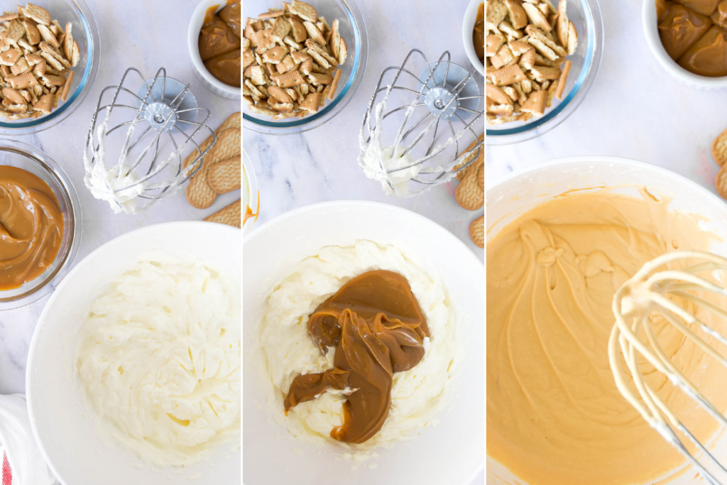 collage of three images showing how to mix and whip no churn ice cream with dulce de leche