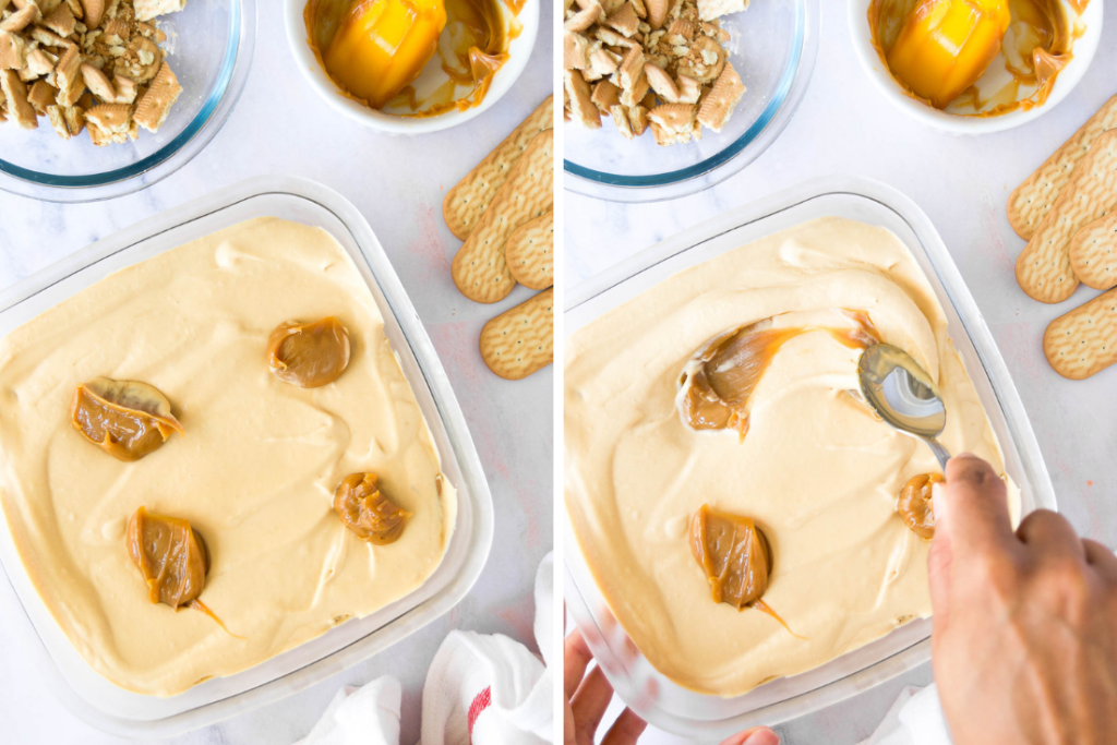 collage of two images showing how to swirl dollops of dulce de leche into a pan of no churn ice cream