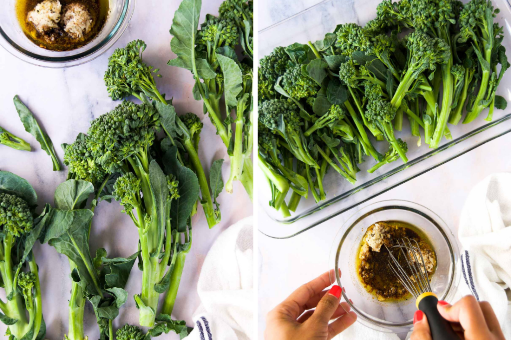 Collage of two images showing raw broccolini on marble and a hand mixing a wet seasoning blend to pour on top of broccolini on a platter