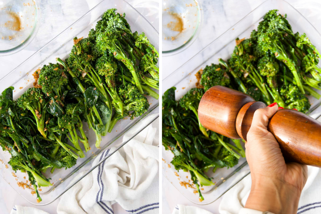 a collage of two images showing broccolini in a casserole dish and the broccolini being seasoned with a pepper mill