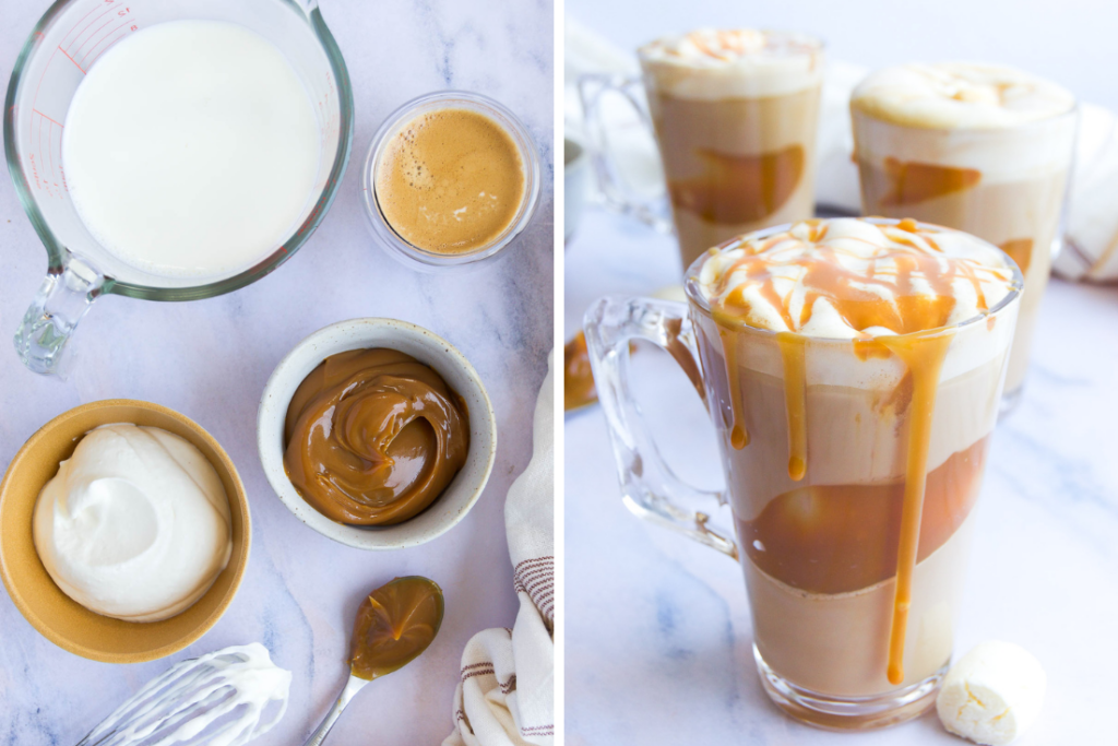 collage showing ingredients to make a homemade latte with dulce de leche in bowls and the final coffee drink on a marble surface