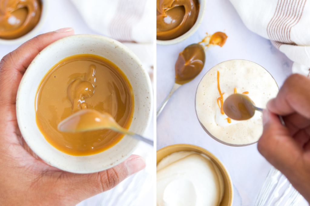 collage of two images showing a spoon dipping into runny dulce de leche and that dulce de leche being drizzled on top of foam on top of a coffee drink