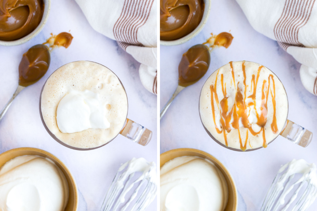 collage of two images showing a dulce de leche with foam before and after drizzling on additional dulce de leche
