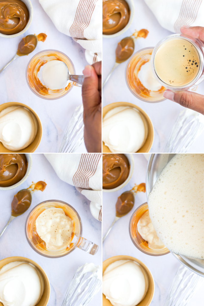 collage of four images showing how to layer and prepare a dulce de lache latte