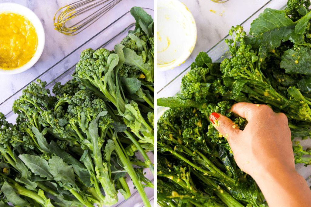 collage of two images showing broccolini in a dish and a hand massaging seasonings into it