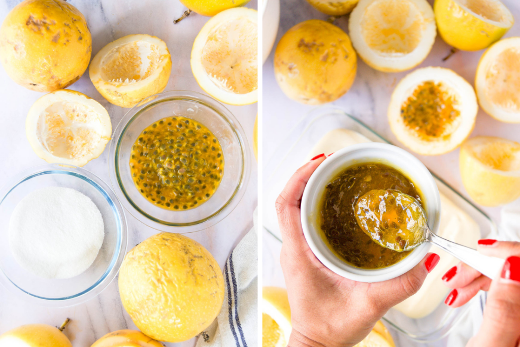collage of two images showing halved and pitted yellow passion fruit and a hand holding a bowl of passion fruit puree and lifting it up with a spoon