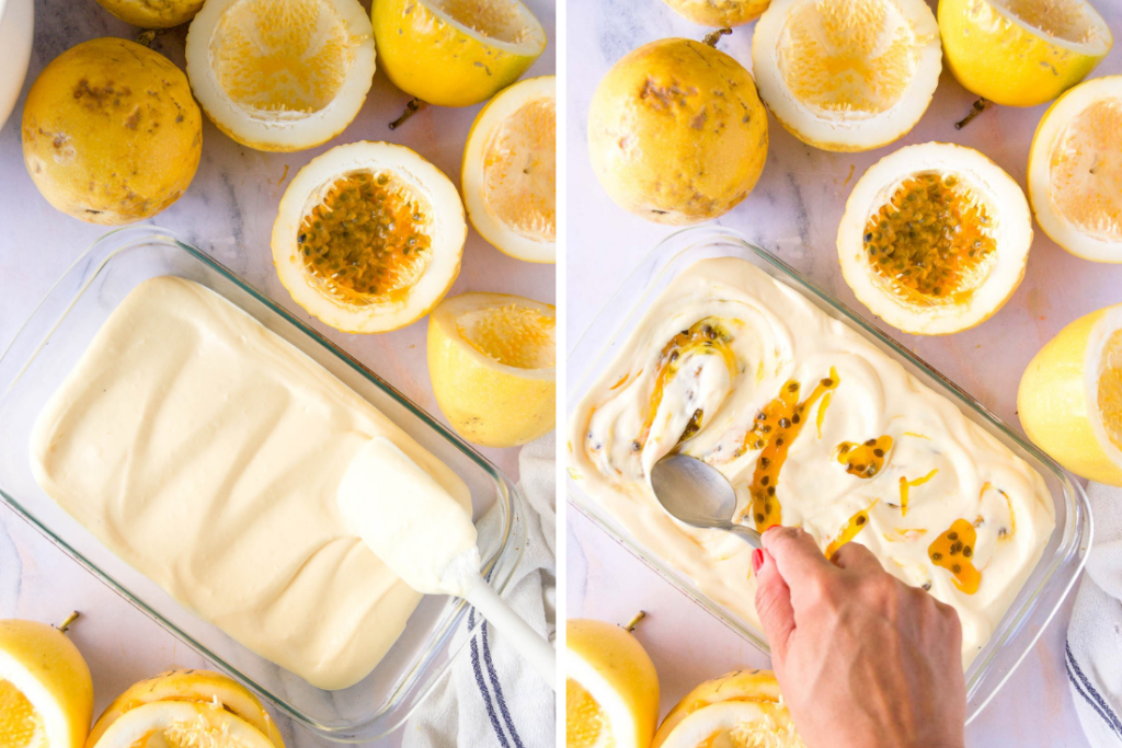 collage of two images showing how to smooth ice cream into a container and how to swirl passion fruit swirl into it from above
