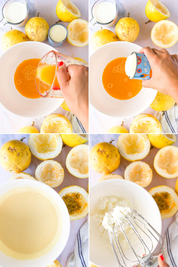 collage of four images showing how to assemble and make the base of passion fruit ice cream