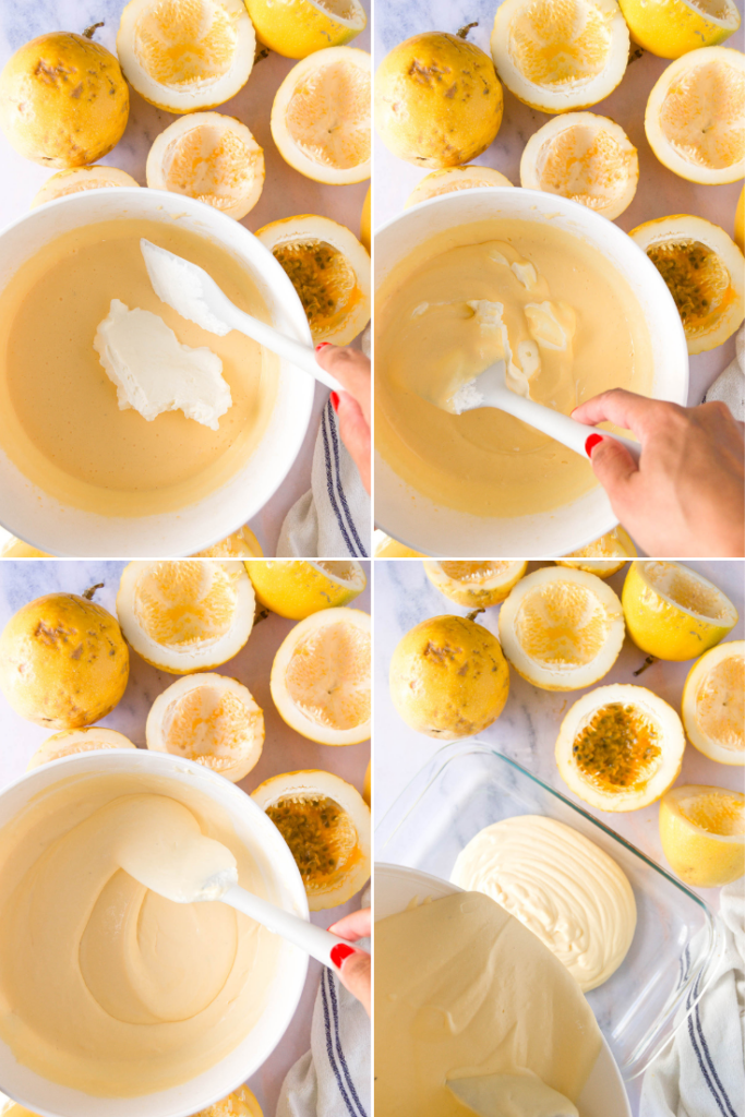 collage of four images showing how to assemble and gently mix and finish passion fruit ice cream