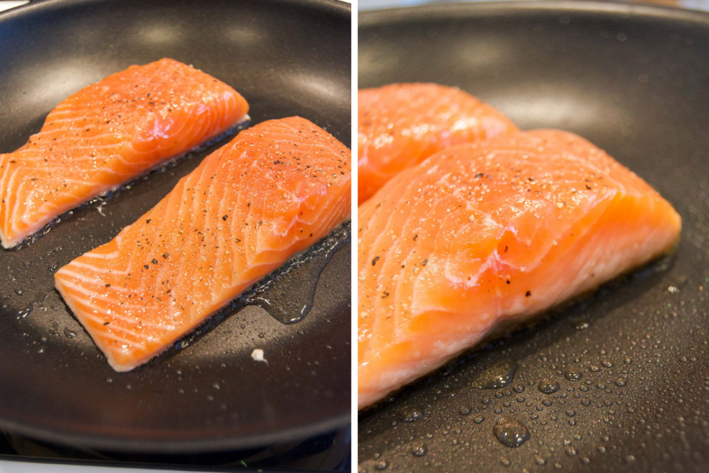 collage of two images showing raw salmon in a skillet for searing