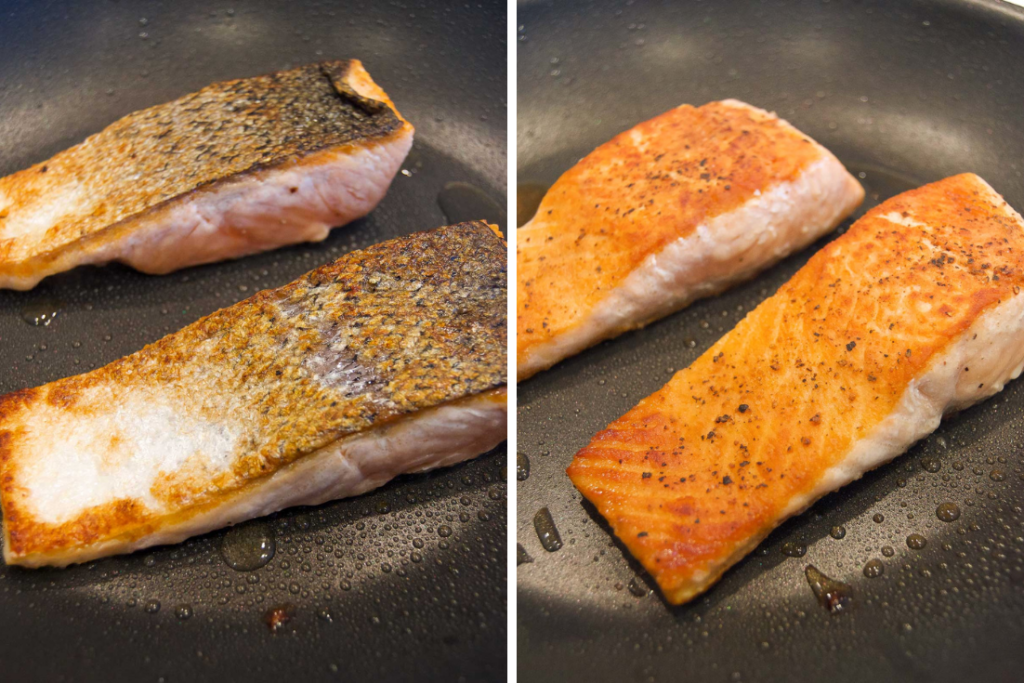 collage of two images showing how to flip and finish seared salmon