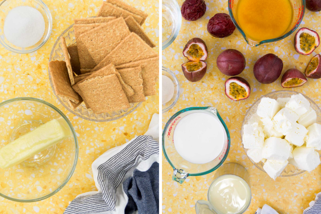 collage of two images showing ingredients to make a graham cracker crust and passion fruit cheesecake in bowls on a yellow surface