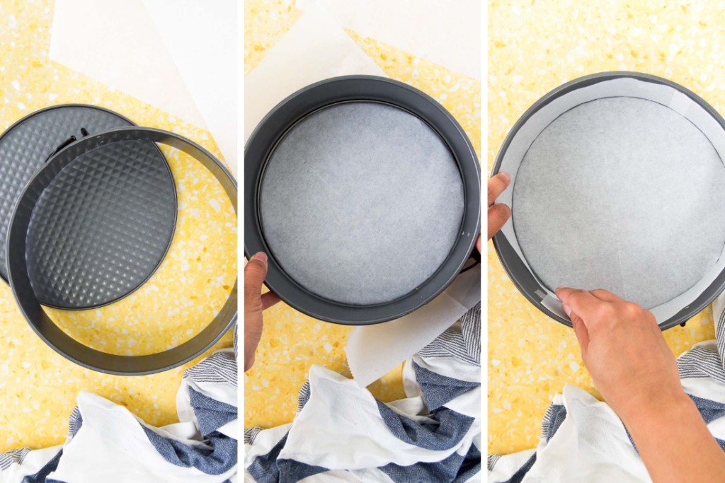 collage of three images showing how to line a spring-form pan on a yellow surface