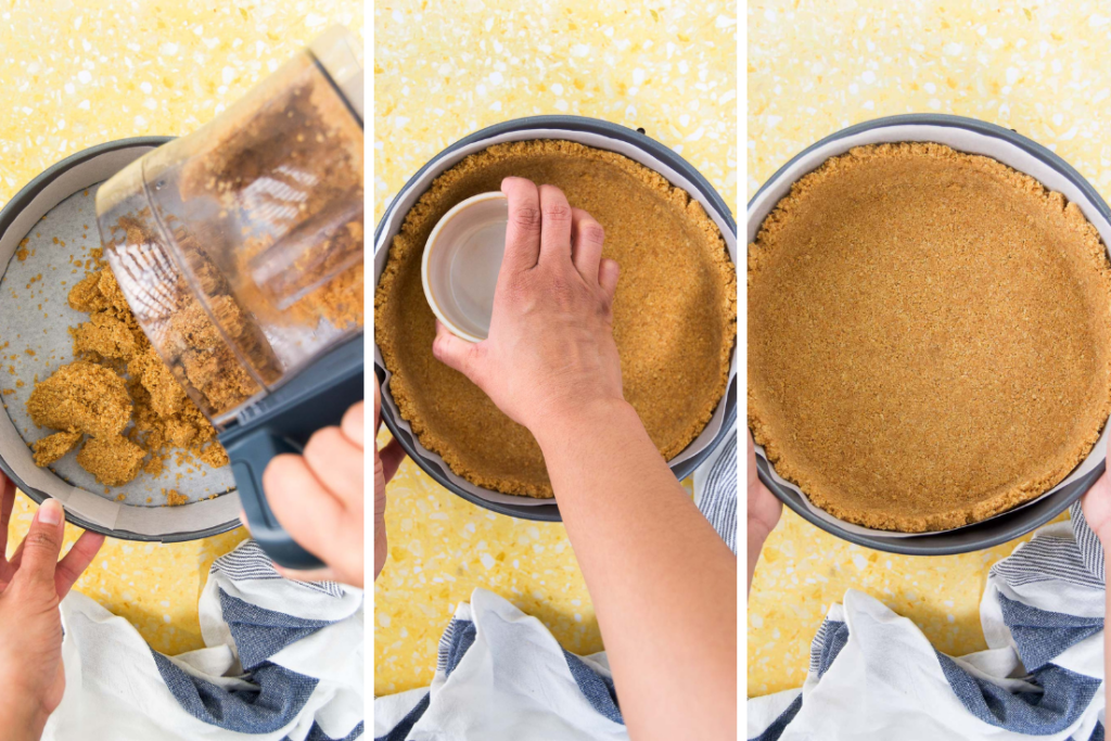 collage of three images showing how to press and form a graham cracker crust in a spring-form pan