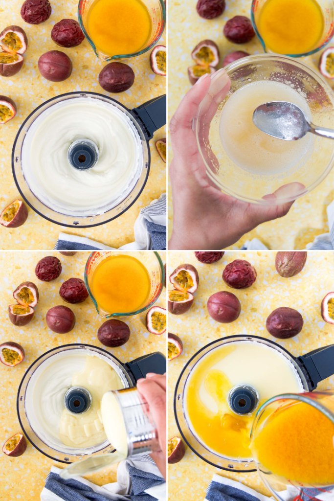 collage of four images showing how to make a passion fruit cheesecake filling in a food processor