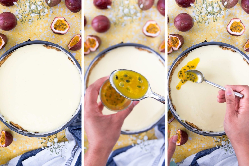 collage of three images showing how to top and decorate a no bake cheesecake after it's chilled with fresh passion fruit