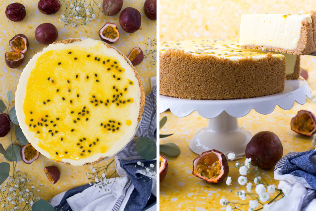 collage of two images showing a no bake passion fruit cheesecake from the top and from the side
