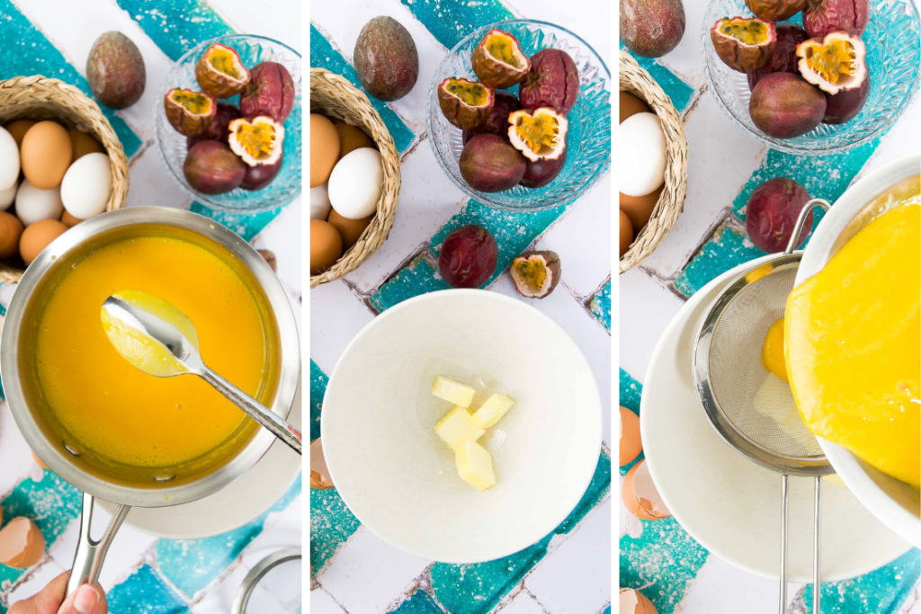 collage of three images showing what the curd should look like after swiping the back of a spoon and how to strain it into a bowl of cold butter