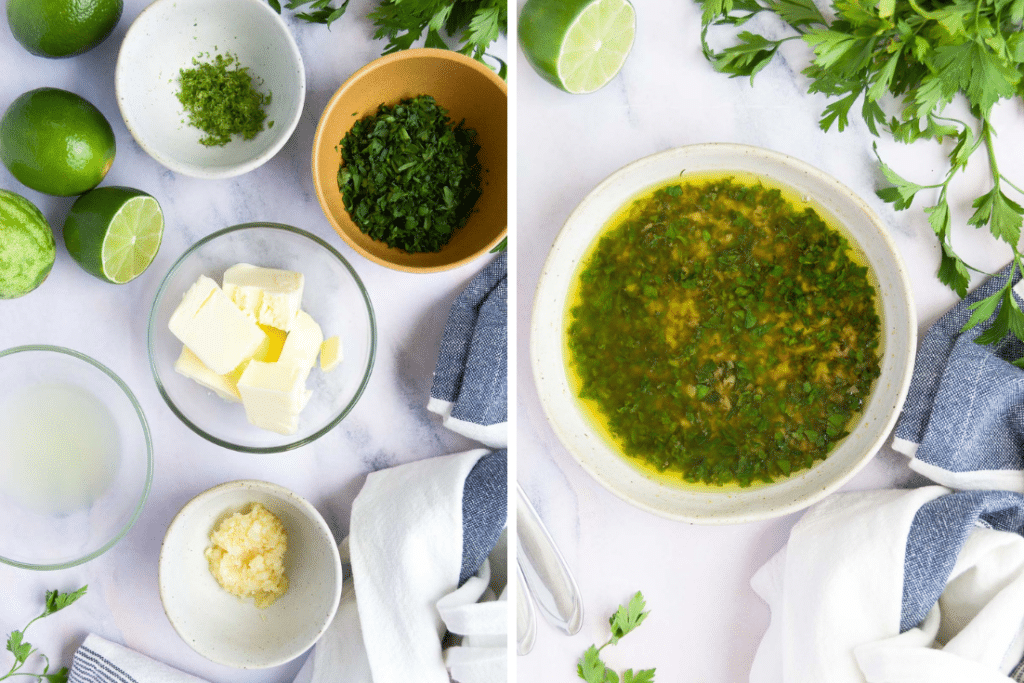 collage showing ingredients to make a lime butter sauce and the final sauce in a bowl