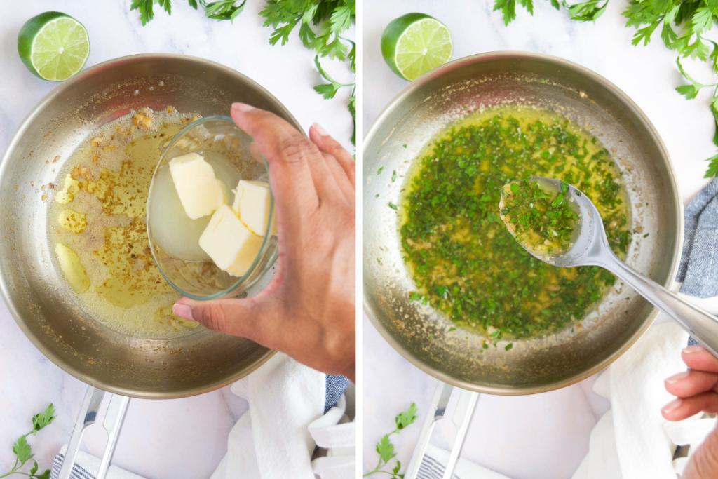 collage of two images showing how to make a butter sauce for fish