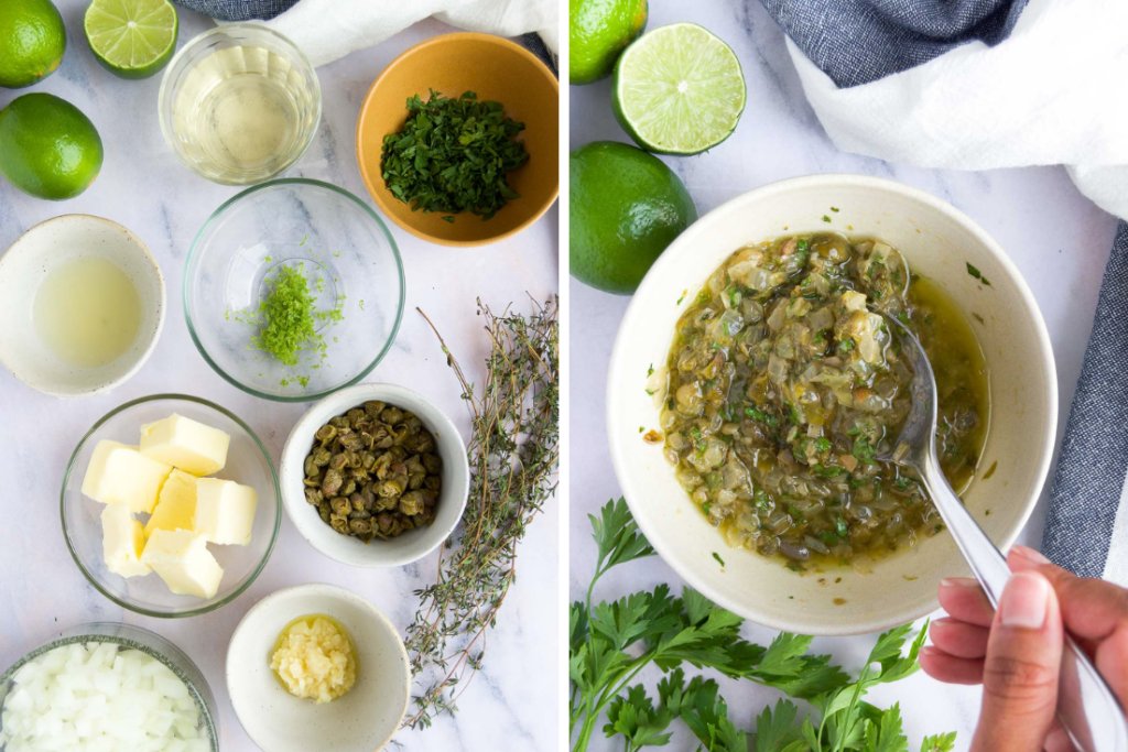 collage of two images showing ingredients for a caper sauce and the final sauce in a bowl with a spoon
