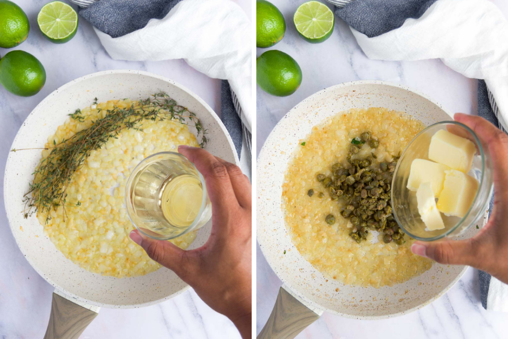 a collage of two images showing how to make a caper butter sauce in a skillet