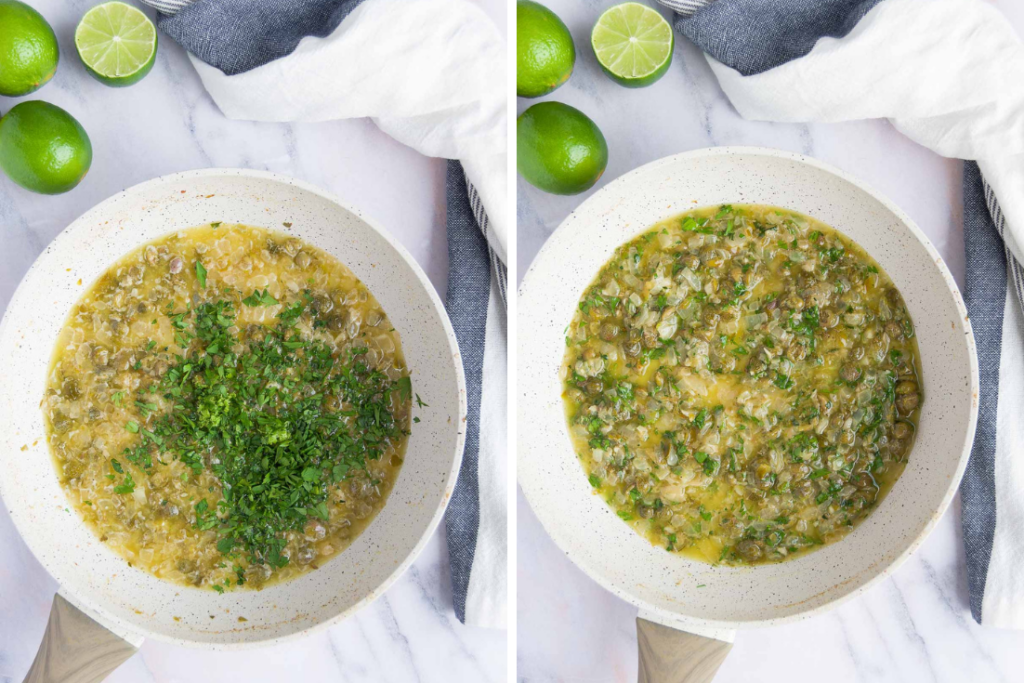 collage of two images showing the final caper sauce in a white skillet