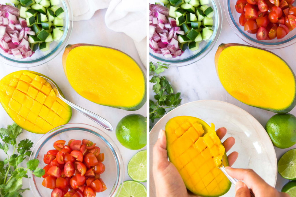 collage of two images showing ingredients to make cucumber mango salsa and how to cut and slice a mango